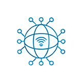 A blue and white icon of a globe with wi fi